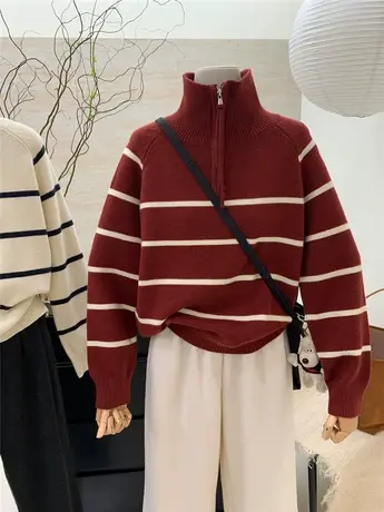 半拉链高领条纹套头毛衣女冬季加厚宽松百搭外穿长袖休闲上衣外套商品大图