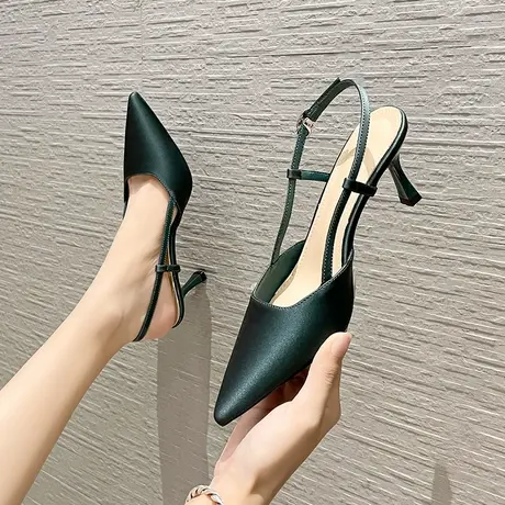 包头高跟鞋女2024新款设计感小众气质尖头一字扣后空细跟单鞋中跟图片