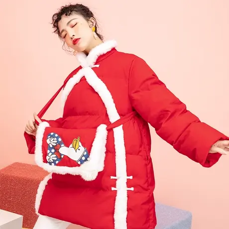 甜鸭系列毛条饰红色棉服女韩版宽松2020新款中长款a字棉衣外套商品大图