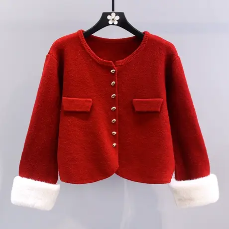 小香风新年本命年红色毛衣外套女冬季2024新款宽松小个子针织开衫图片