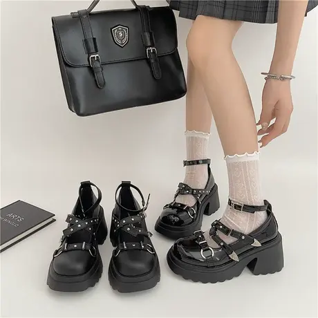 厚底玛丽珍鞋甜酷风jk圆头高跟浅口单鞋交叉带小皮鞋设计感女小众图片