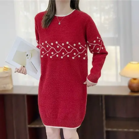 本命年红色毛衣女2024春装新款中长款毛衣裙圆领宽松外穿针织打底商品大图