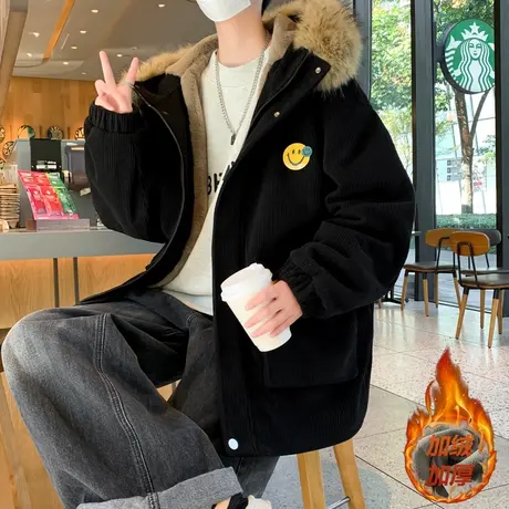 灯芯绒复古中长款棉衣加绒加厚牛仔外套男士青少年学生潮牌派克服商品大图