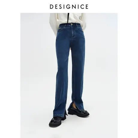 迪赛尼斯冬季新款加厚复古高腰长款设计感开衩直筒牛仔裤女商品大图