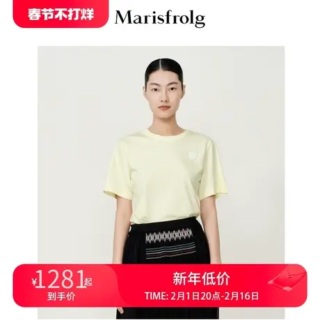 【高品质棉】玛丝菲尔22夏季新款时尚透气宽松浅黄色短袖T恤女商品大图