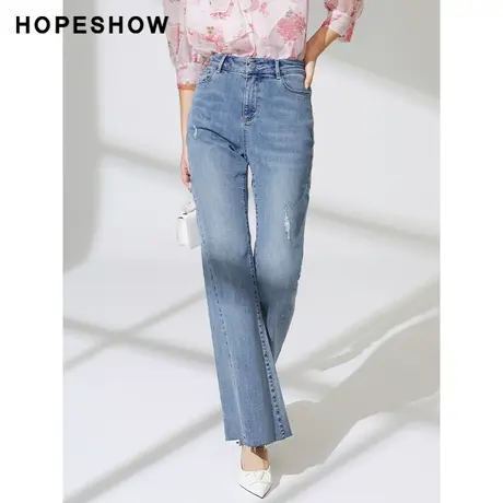红袖outlets高腰牛仔裤hopeshow2023夏季新款女装拉毛阔腿微喇裤商品大图