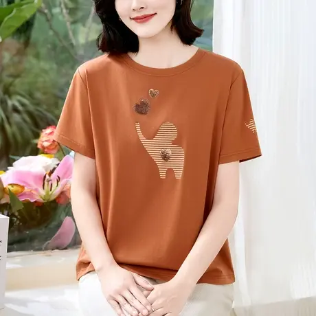 高级感纯棉短袖t恤衫大码女装洋气质年轻妈妈夏装上衣刺绣体恤潮商品大图