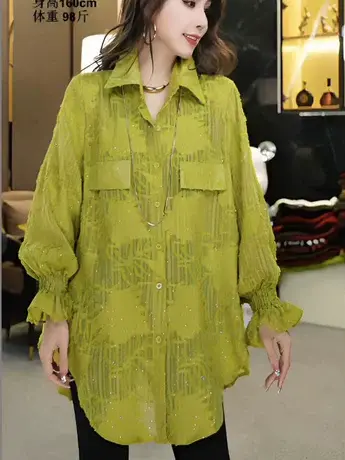 2024春季新款宽松休闲衬衫女加长加宽设计满天星洋气时尚百搭上衣商品大图