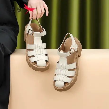 红蜻蜓编织罗马鞋2023夏季新款粗跟软底舒适妈妈鞋高跟包头凉鞋女商品大图