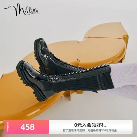 妙丽冬季新款拼接系带骑士靴弹力瘦瘦高筒女漆皮方头长靴SCE41DG1商品大图