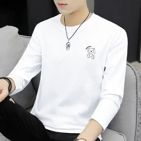 2023新款小熊t恤男士长袖纯棉秋衣服宽松潮流全棉内搭白色打底衫商品大图