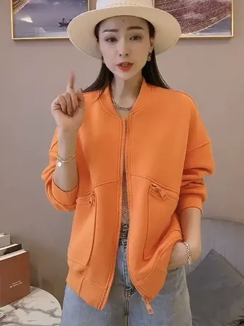 开衫小个子卫衣女春秋2023年新款宽松韩版纯色洋气棒球服短款外套图片