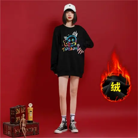 Ohlyah加绒卫衣女2023年新款港风潮牌笑脸皇冠印花情侣装圆领学生商品大图