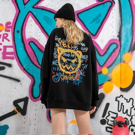 YEP春秋黑色卫衣女连帽设计感小众上衣潮牌宽松炸街外套爆款欧美商品大图