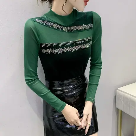 半高领加绒打底衫女秋冬烫钻内搭加厚上衣性感网纱拼接长袖T恤女商品大图