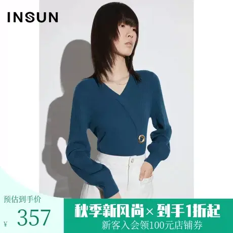 恩裳COVER2023早春新款巴素兰美丽诺羊毛简约叠门襟V领灯笼袖毛衣商品大图