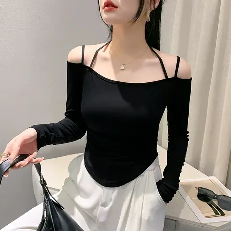 性感露肩一字领上衣女长袖欧货时尚高腰短款T恤设计感小众打底衫商品大图