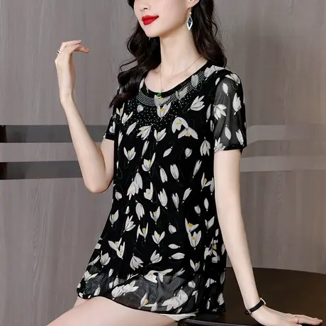 2023年夏季短袖网纱蕾丝烫钻女上衣大码中长款时尚印花妈妈女小衫商品大图