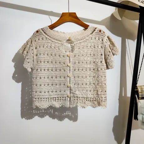 勾花镂空短袖针织开衫女夏季新款波西米亚度假风吊带裙子外搭上衣商品大图