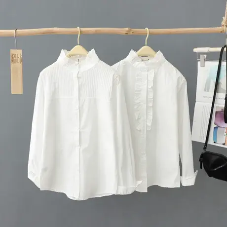 短款立领简约白色衬衫女2023春秋款小清新纯棉长袖衬衣打底衫上衣商品大图