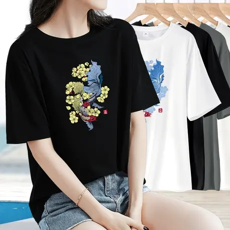 夏装罗马天丝短袖女士宽松休闲t恤印花冰丝滑垂感上衣2023新款夏图片