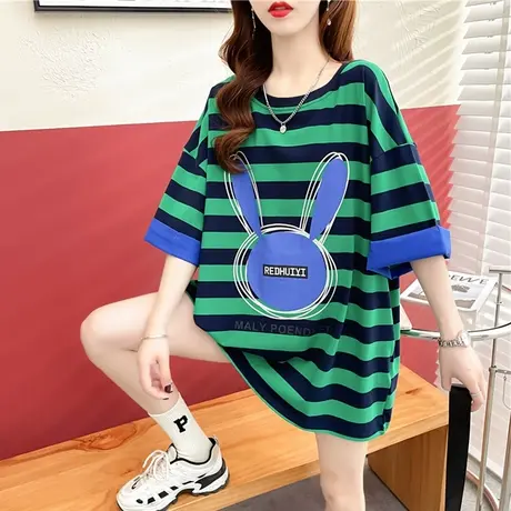 设计感小众短袖t恤女夏装韩版宽松大码中长款下衣失踪条纹上衣服图片