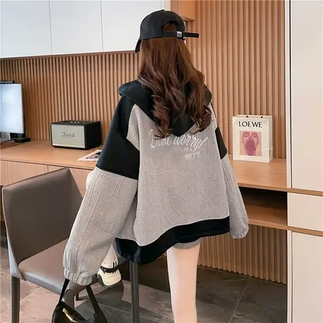 早秋连帽卫衣女2023新款春秋韩版宽松大码慵懒风薄款撞色开衫外套图片