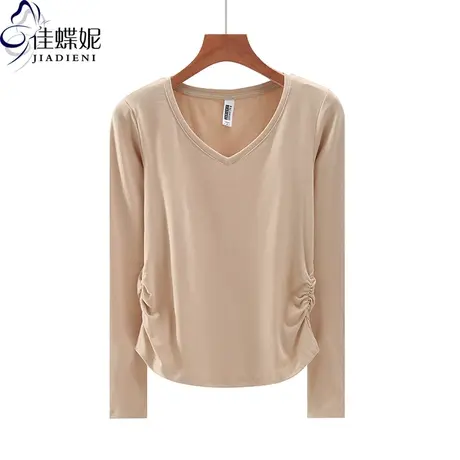 秋季新款韩版V领褶皱修身纯欲纯棉纯色长袖体恤上衣内搭女打底衫商品大图