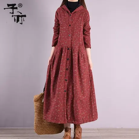 冬季新款加绒印花棉麻连帽裙型妈妈单排扣保暖棉衣棉服外套商品大图