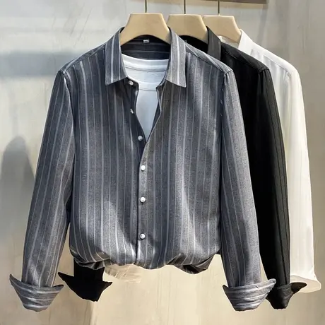 2023年秋冬新款条纹长袖衬衫男韩版免烫抗皱商务休闲衬衣帅气正装商品大图