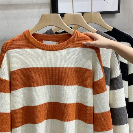 日系复古毛衣男秋冬季加厚慵懒风圆领条纹内搭打底针织衫宽松外套商品大图