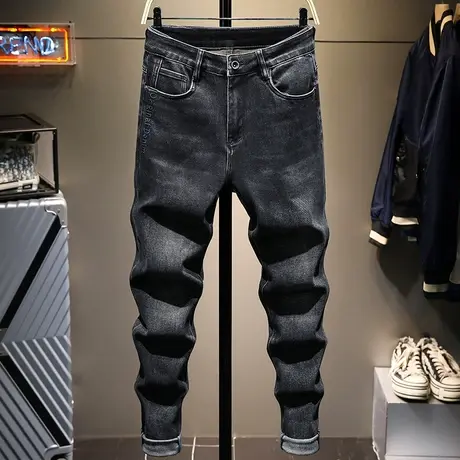 秋冬季黑色水洗牛仔裤男直筒修身百搭男士休闲加厚显瘦裤子高档款商品大图