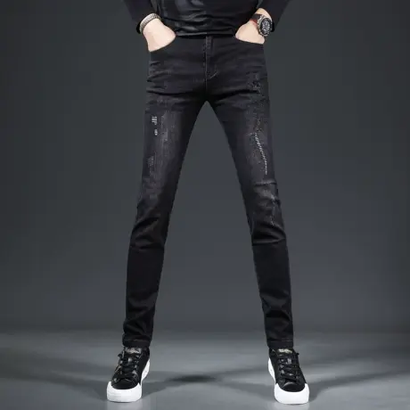 加绒刺绣牛仔裤男2023新款黑色修身小脚裤弹力绣花男士裤子秋冬款商品大图