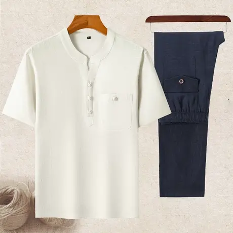 新中式中国风亚麻套装男爸爸爷爷夏装套装中老年唐装短袖t恤一套图片
