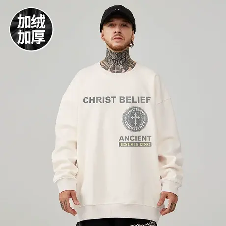 大码情侣无帽美式潮牌胖子男装加绒加厚潮流宽松国潮圆领卫衣男士商品大图