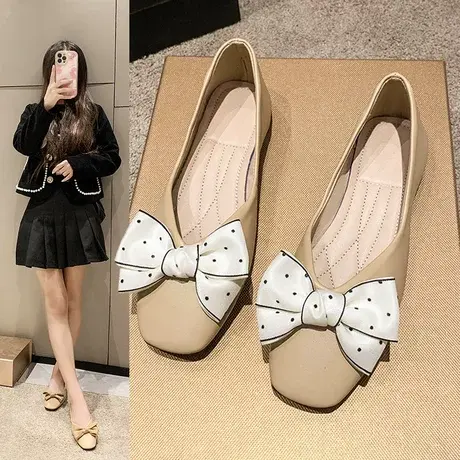 蝴蝶结单鞋2023春秋新爆款平底百搭奶奶鞋学生豆豆鞋女乐福鞋方头商品大图