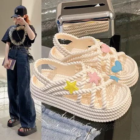少女卡通可爱凉鞋女夏外穿防滑时尚个性厚底凉鞋踩屎感沙滩凉鞋商品大图