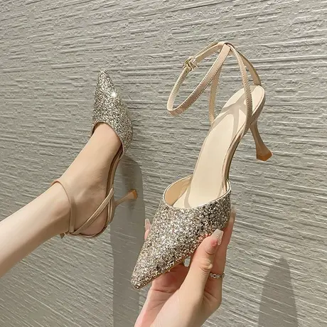 2023年夏季新款包头亮片高跟鞋气质尖头中空一字带凉鞋女细跟后空商品大图