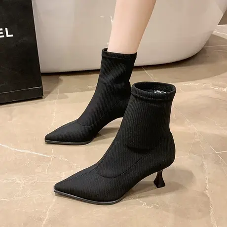 高跟鞋女细跟气质显瘦欧美性感风尖头2023秋季新款针织透气短筒靴商品大图