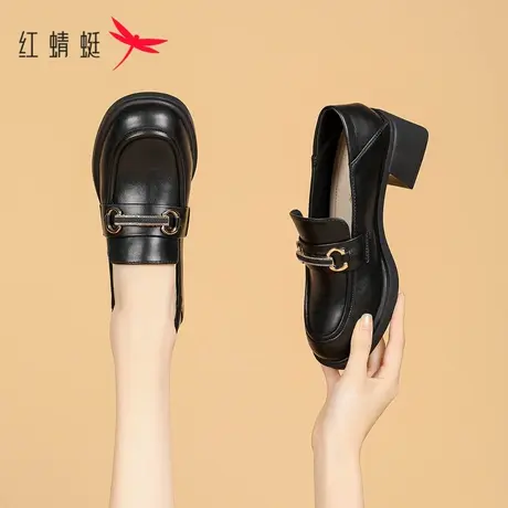 红蜻蜓乐福鞋高跟女2023秋季新款粗跟英伦风女鞋百搭一脚蹬单鞋女图片
