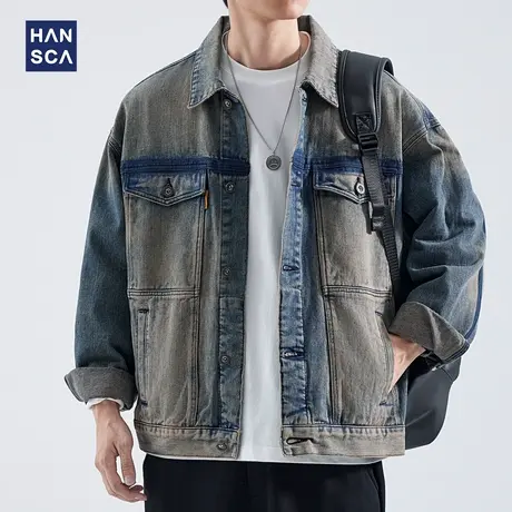 hansca美式复古牛仔外套男秋季重磅潮流水洗做旧痞帅休闲工装夹克图片