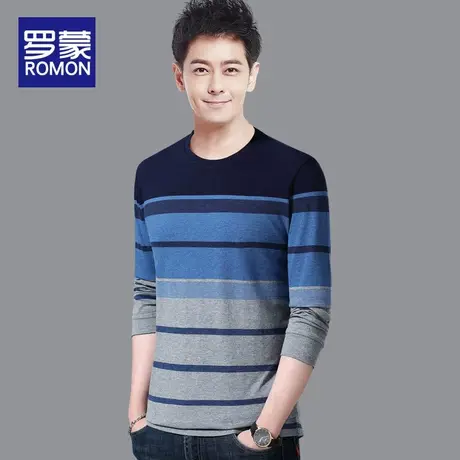 Romon/罗蒙春秋季青年时尚潮流商务条纹纯棉长袖体恤男士圆领T恤图片