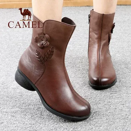 Camel/骆驼女鞋冬季款加绒保暖真头层牛皮侧拉链中筒跟休闲女靴子图片