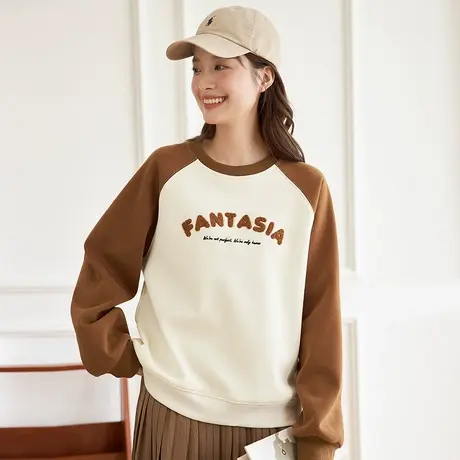 茵曼薄款撞色设计感卫衣女2023年秋季新款圆领长袖套头上衣小个子图片
