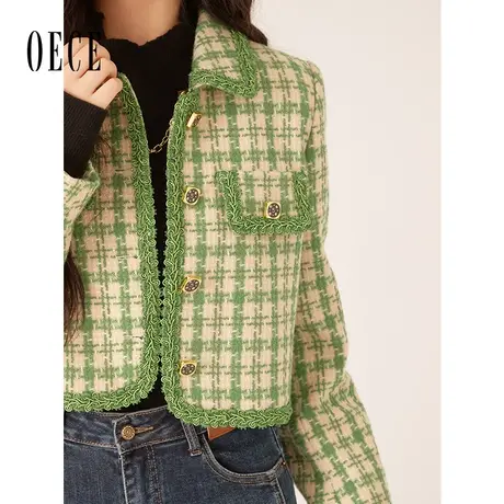 【新品】Oece复古小香风外套2022冬季新款女装格纹毛呢大衣小个子商品大图