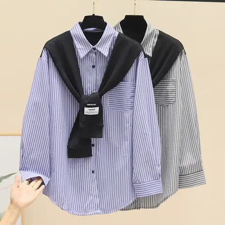 衬衫女设计感小众披肩假两件2023初秋季新款女装高级感条纹上衣潮商品大图