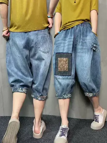 复古民族风贴布牛仔六分裤女中国风盘扣宽松显瘦五分哈伦短裤潮款商品大图