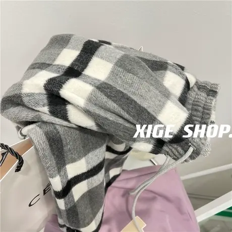 复古格子毛绒感阔腿裤女冬加厚英伦学院风宽松长毛毛呢休闲直筒裤商品大图