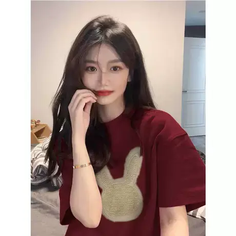 兔年酒红色t恤女夏季新款oversize宽松大码纯棉短袖ins潮休闲上衣图片