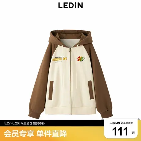 乐町复古拼色印花短外套拼接连帽开衫卫衣C2BBD4128商品大图